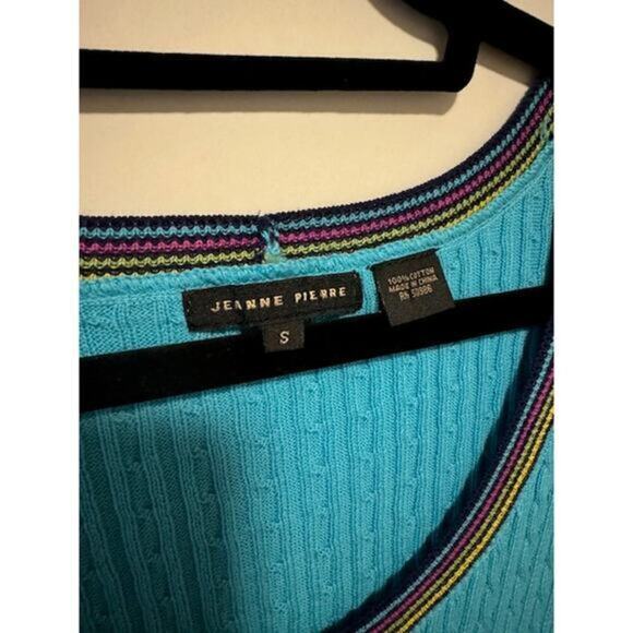 Womans‎ Y2K Jeanne Pierre Blue Quarter Sleeve Sweater Small with Rainbow Details - Picture 2 of 3